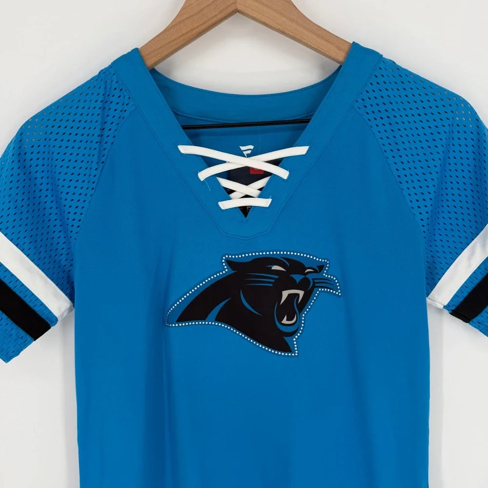 Fanatics Carolina Panthers Jersey Women Medium Blue NEW Lace Up V-Neck NFL Top - Picture 2 of 9